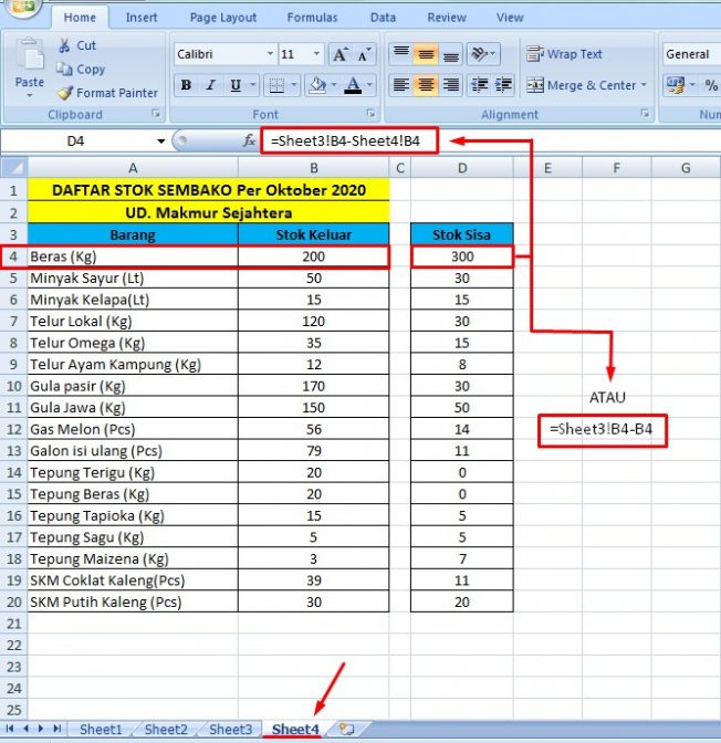 Rumus pengurangan excel