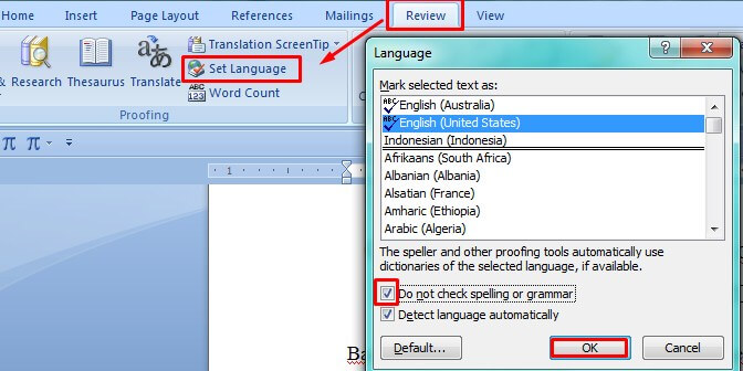 Menghilangkan garis merah di Word