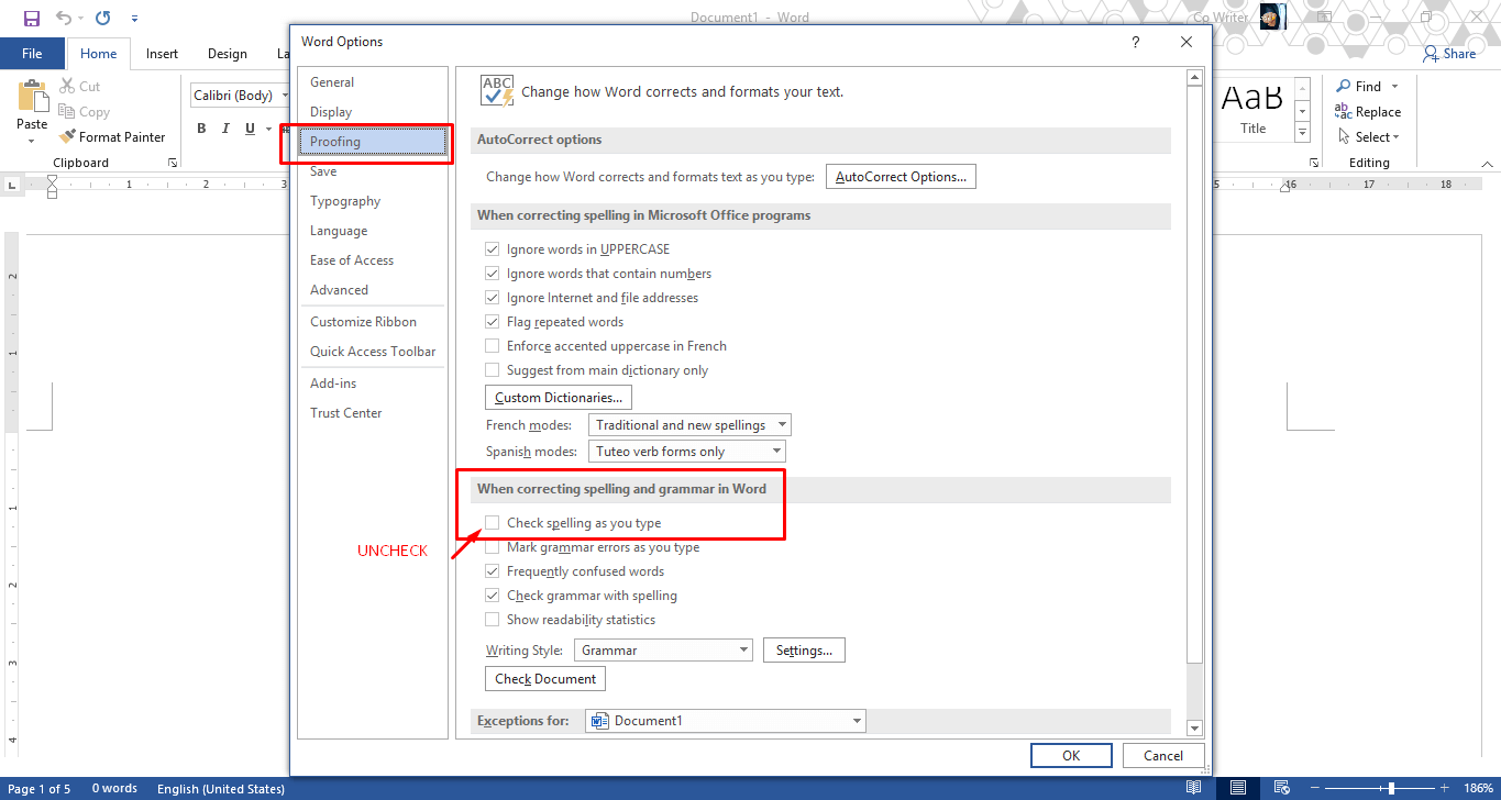 menghilangkan garis merah di word 2016