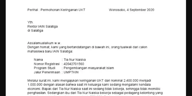 contoh surat permohonan keringanan ukt