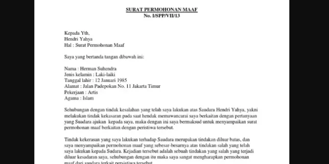 contoh surat permohonan maaf