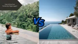 Ilustrasi infinity pool view pemandangan pantai dan pegunungan. Pilih yang mana?